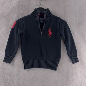 Polo Ralph Lauren Quarter Zip Sweater Boys Size 5‎ Black Red Rugby Big Pony Knit